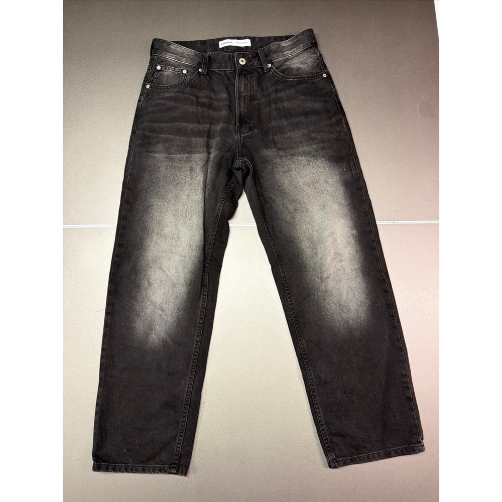 Bershka Mens Relaxed Fit Faded Black Jeans Size 32 Sandblasted Straight Leg